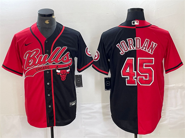 Men's Chicago Bulls #45 Michael Jordan Red/Black Split Cool Base Stitched Baseball Jersey
